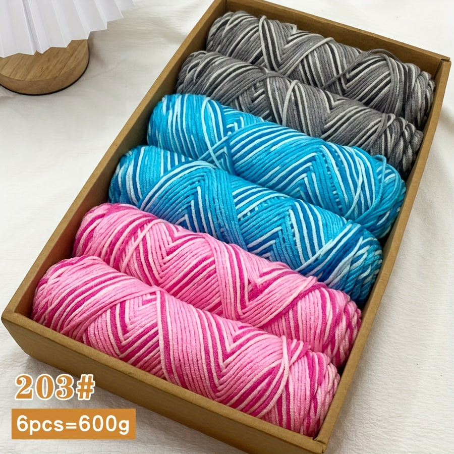 6pcs Multicolor Ombre Yarn Set | Soft Comfortable Self-Striping Acrylic Yarn for Knitting and Crochet, Ideal for Sweaters, Scarves, Hats, Gloves, Blankets, Handbags, Slippers - 600g Medium Weight
