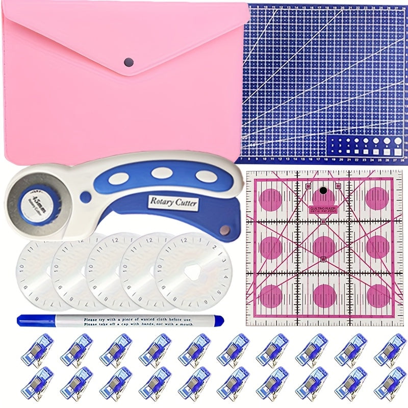 45mm Rotary Cutter Set with Pink Storage Bag, A4 Self-Healing Cutting Mat, Pink Acrylic Ruler, Quilting Roller Cutter and 5 Replacement Blades, Sewing Clips, Disappearing Marker, Suitable for Quilting, Crafting, Paper Craftin
