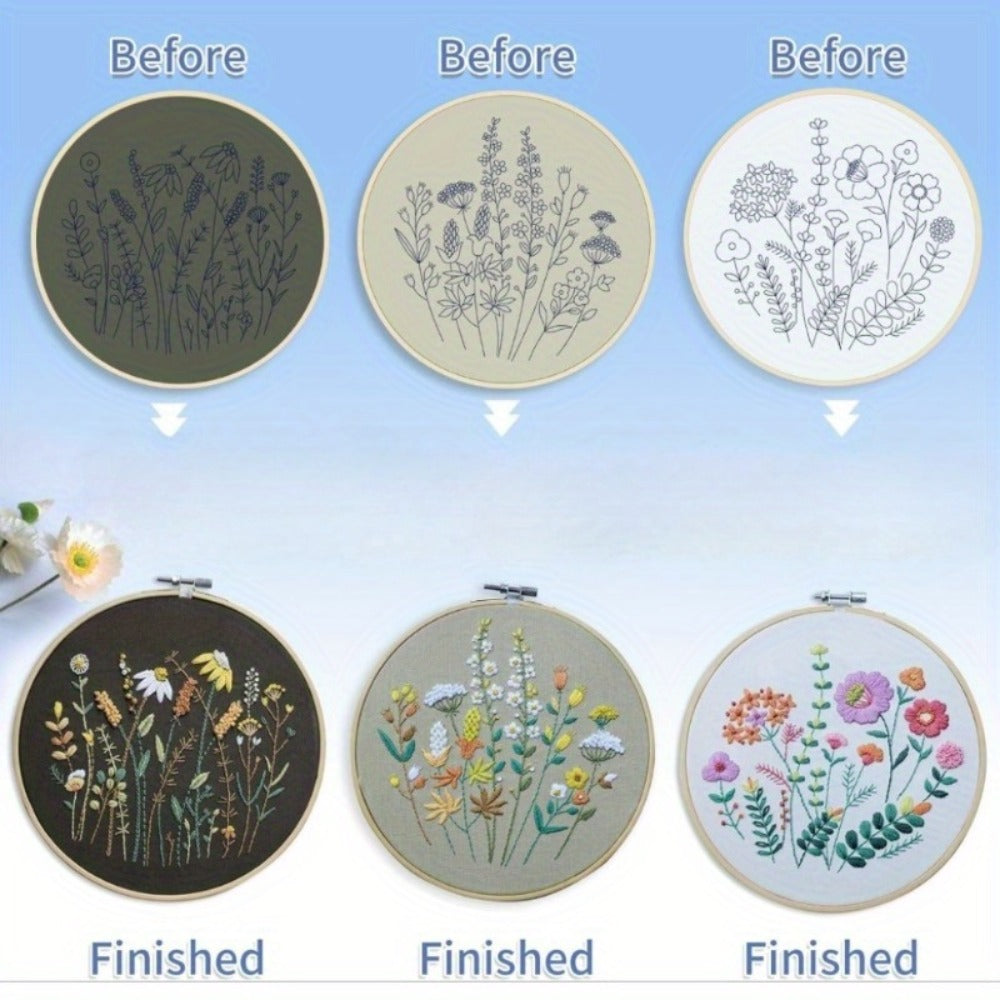 3 Pack Embroidery Starter Kit | Stamped Cross Stitch Kits with Cute Flowers and Plants Patterns, Embroidery Hoop, and Color Threads for Beginners and Adults, Suitable for All Seasons.