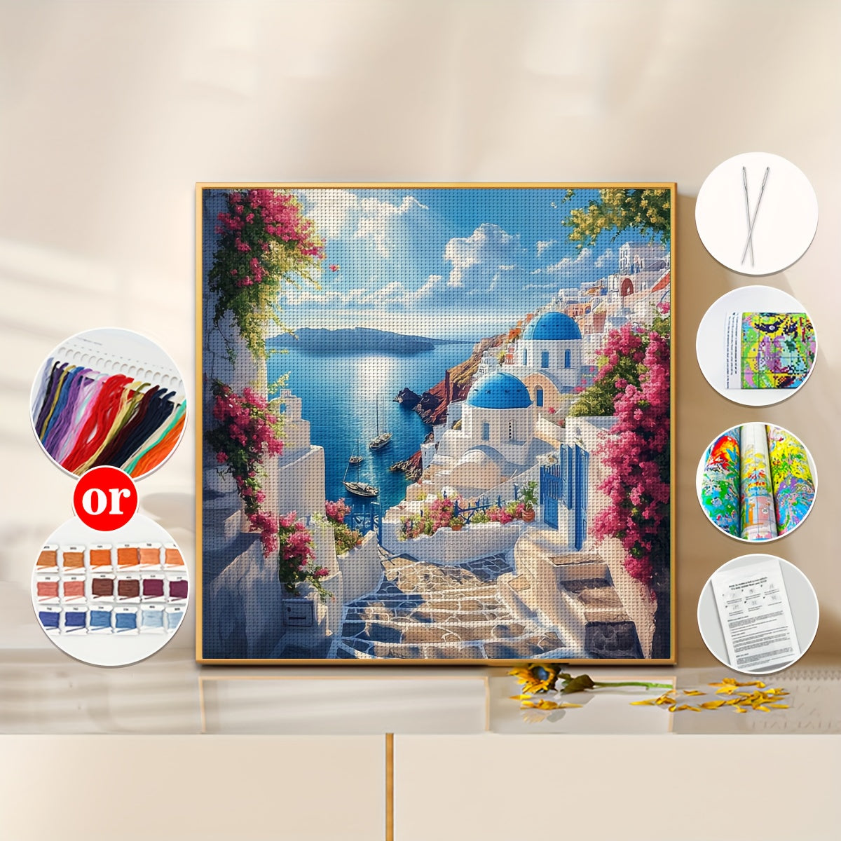 JOZYSH 15.75x15.75inch DIY Cross Stitch Kit - Greek Castle Landscape with Blue Domes & Pink Flowers, Random Line Board, Perfect for Living Room, Bedroom Decor, Home Decoration Art Gift, Bedroom Wall Art | Serene Landscape | D