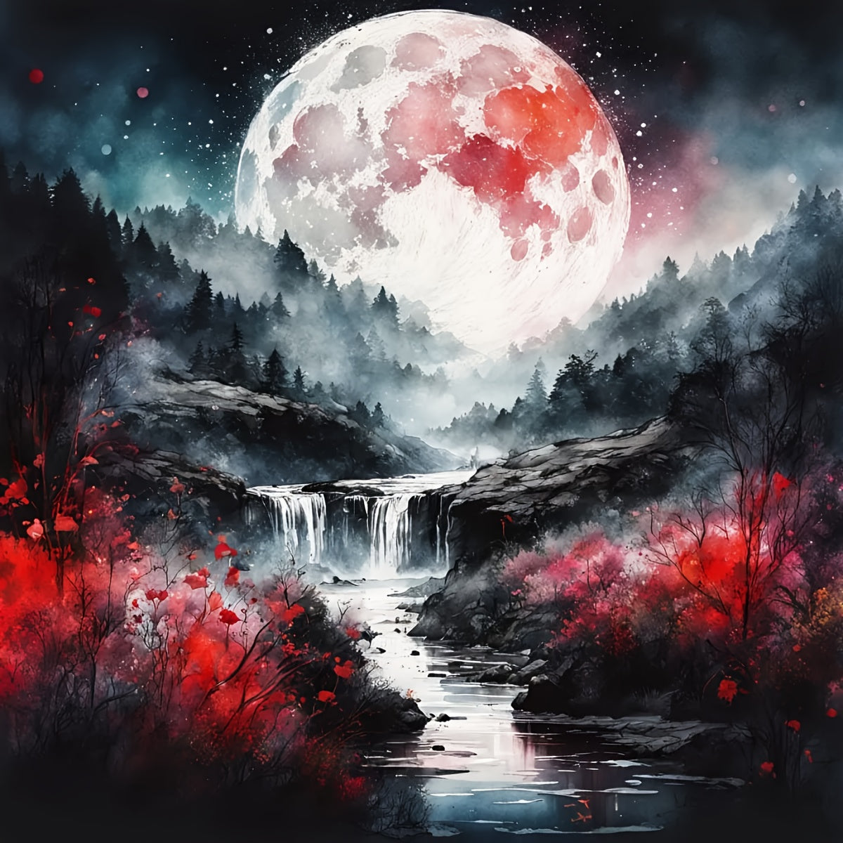 JOZYSH 11CT/14CT Cross Stitch Kit, Unframed 15.7x15.7in - Mystical Nighttime Landscape with Full Moon & Waterfall, Complete DIY Set for Beginners, Includes Pre-Printed Canvas, Needles, Thread, Chart & Instructions - Ideal Han