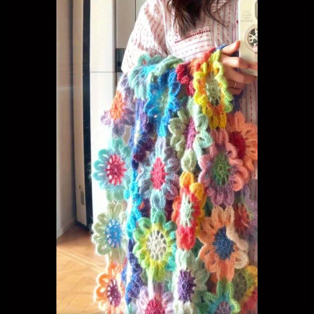 Gradient Rainbow Floral Crochet Blanket Kit with Wool Yarn & Complete Tools - All-Season Throw, Bed Runner, Shawl for Intermediate Crocheters | Multicolor Ombre Design, Video Tutorials & Pattern Guide | Sky, Red, Green, Yello