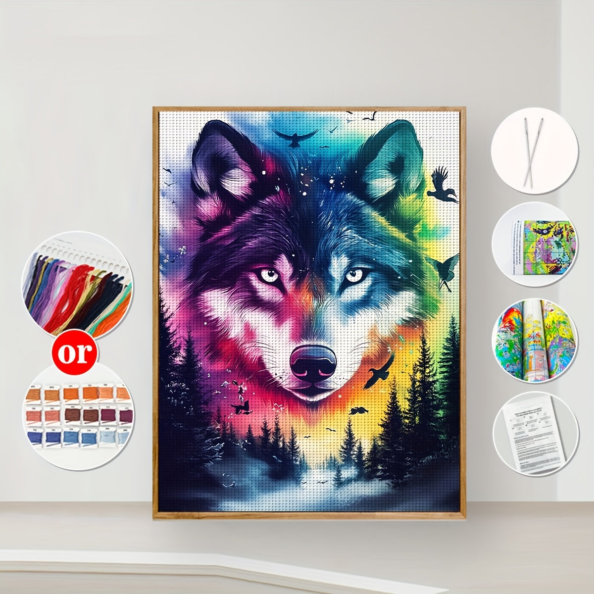 1pc Wolf Cross Stitch DIY Kit - 30x40cm/11.8x15.7" | Vibrant Forest & Moonlit Sky Design | Easy-to-Follow Pattern for Beginners | Includes Canvas, Needles, Threads, and Instructions | Perfect for Home & Office Decor | Ideal G