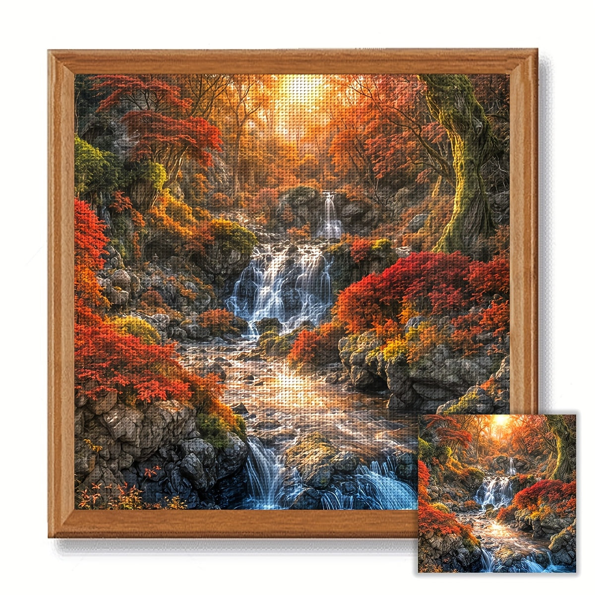 JOZYSH 1pc, 40x40cm/15.7x15.7in Autumn Landscape Cross Stitch Kit - Vibrant Mountain Waterfall Scene with Red & Orange Foliage, DIY Wall Hanging for Living Room or Bedroom, Perfect Holiday Gift, Includes Printed Pattern, Fabr