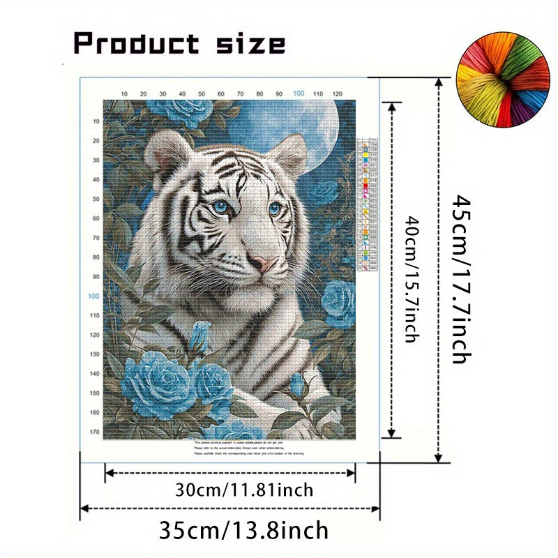 1pc, 13.8x17.7in, White Tiger & Blue Roses Cross Stitch Kit - DIY Eco-Line Art, 11CT Embroidery Fabric, Includes Threads, Needle, and Instructions - Perfect for Home Wall Decor, Mother'S Day Gift, Unframed, Mother'S Day Gift|