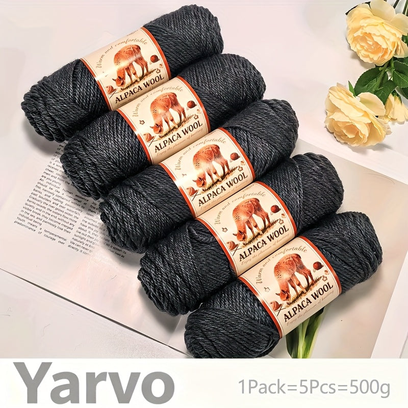 1 Pack (5 Balls) 500g Alpaca Wool Yarn - Thick Warm Winter Knitting Fiber, Alpaca Wool Yarn for DIY Hand-Knitting Scarves, Hats, Sweaters, Multi-Color (Brown/White/Black/Gray/Tan) - Perfect Gift for Crafters & Cold Weather