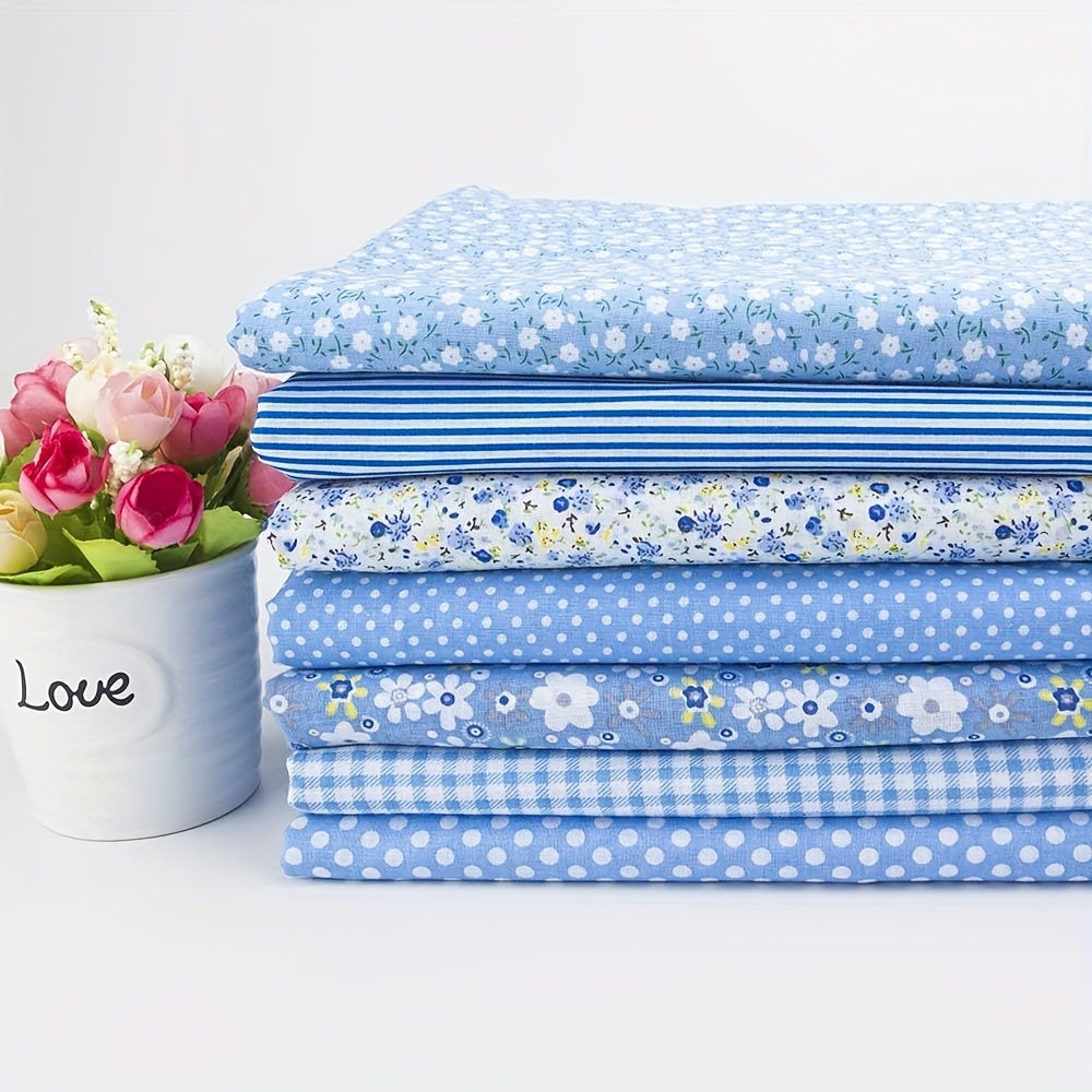 7pcs Blue Floral Cotton Squares 19.69"X19.69"/9.84X9.84Inch Fat Quarters - Pre-Cut Craft Fabric Bundles with Assorted Vibrant Floral Patterns, Machine Washable for Patchwork, Quilting, DIY Sewing Projects, Quilting Fabric, Qu
