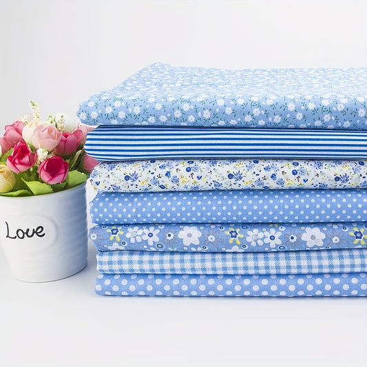 7pcs Blue Floral Cotton Squares 19.69"X19.69"/9.84X9.84Inch Fat Quarters - Pre-Cut Craft Fabric Bundles with Assorted Vibrant Floral Patterns, Machine Washable for Patchwork, Quilting, DIY Sewing Projects, Quilting Fabric, Qu