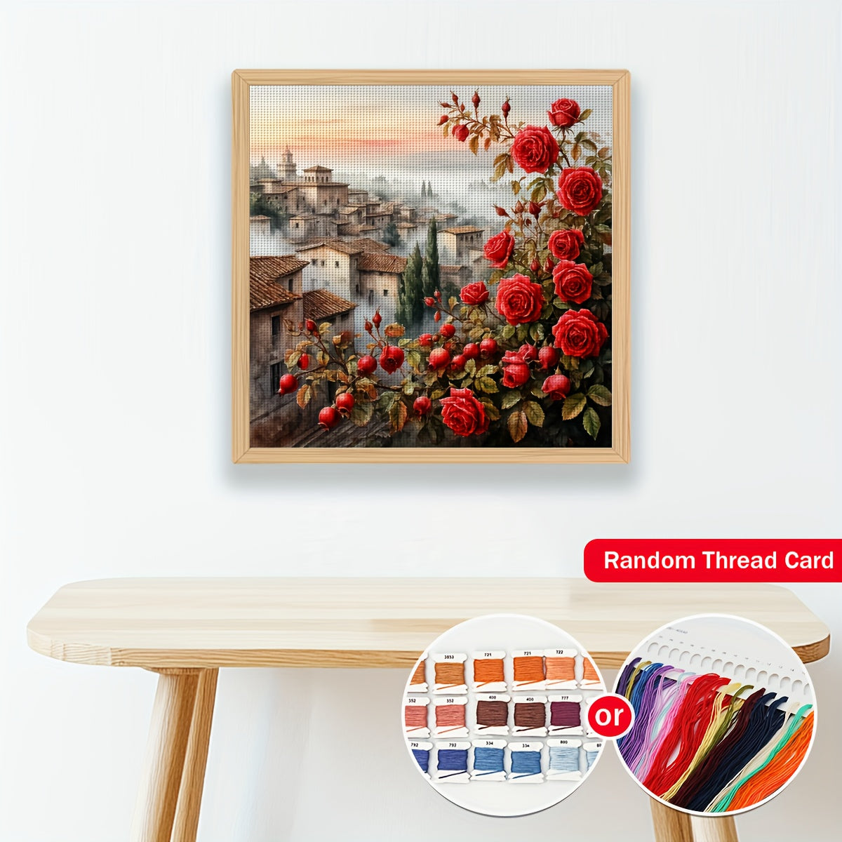 JOZYSH, 1pc, 40x40cm/15.7x15.7Inch, DIY Cross Stitch Kits, Embroidery Crafts Sets, Country of Roses, Patterned Printed Cross Stitch Kits, Random Thread Board Cross Stitch Material Kits, Living Room Entrance Bedroom Decoration