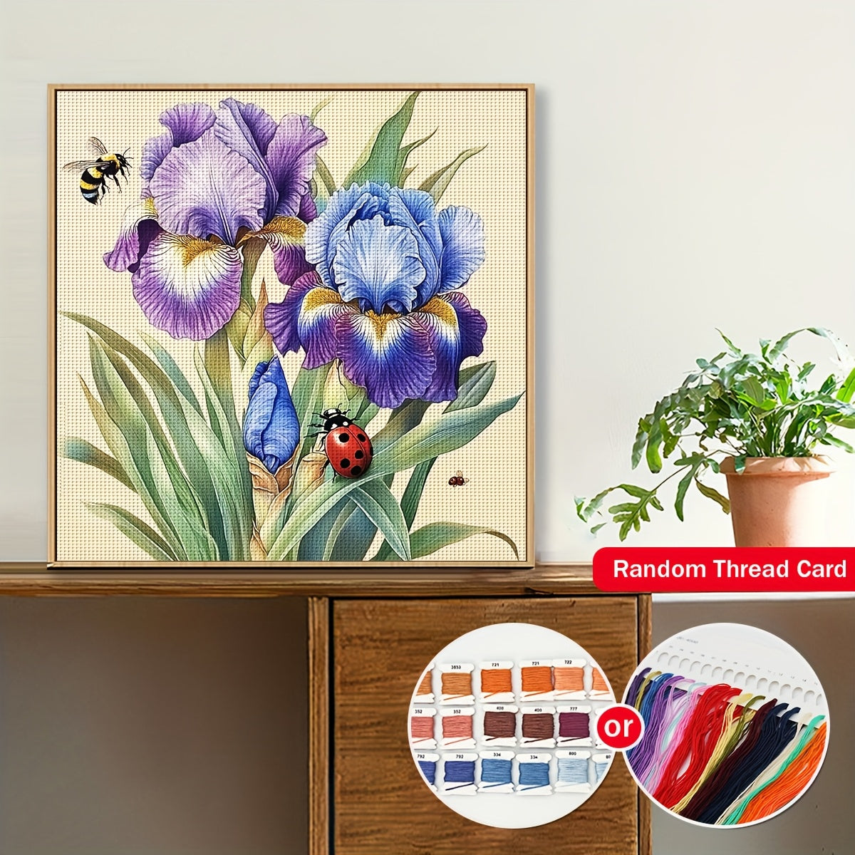 JOZYSH 15.75x15.75inch DIY Cross Stitch Kit - Vibrant Iris Floral Design with Butterflies & Bees, All-Season Fabric Cross Stitch Material, Perfect for Home Decor, Living Room, Bedroom, or Gift, Bedroom Wall Art | Vibrant Flor
