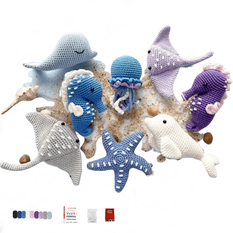 Handmade Crochet Yarn Marine Animal Kit - Cute Ocean-Themed Craft Set with Whales, Dolphins, Starfish & Coral Reef Design, All-Season Knitting & Crochet Supplies