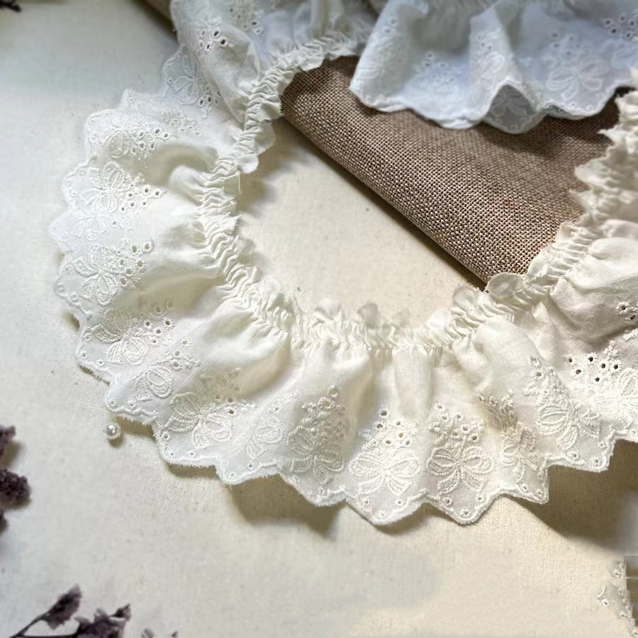 2 Yards Modern White & Ivory Lace Fabric - 7cm Wide Embroidered Guipure Lace Trim with Intricate Floral & Scroll Patterns, Frilled Edges for Wedding Decor, Bridal Collars, Bow Knots, Tassel Ribbon & Elegant Garment Making - D