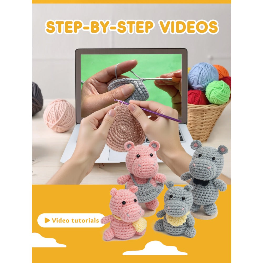 Crochet Kit for Making a Hippo Family - Handcrafted Hook Knitting Materials Kit with Colorful Crochet Yarn, Instructions, Crochet Hook, and Patterns - Perfect for Beginners &, Craft Kit|Playful Design|Detailed Instructions, C