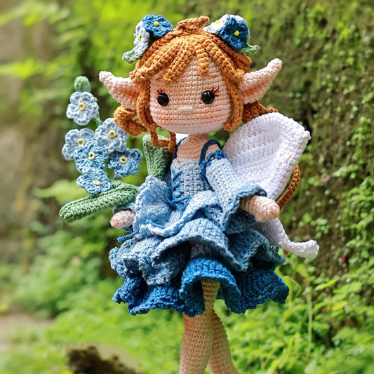 Complete DIY Crochet Kit for Adults: Handmade Fairy Girl Doll with Blue Flowers - Crochet Yarn & Hooks Set, Step-by-Step Instructions, Brown/White/Blue Yarn, All-Season Handicraft Project for Wedding Decor, Valentine's/Mother