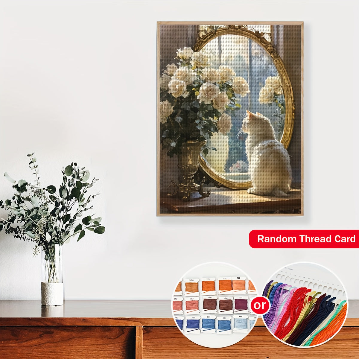 JOZYSH 1pc 11.81x15.75inch Cross Stitch DIY Kit - Adorable Cat and Roses Scene, Relaxing Adult Beginner Stitching Project with Printed Canvas, Needles, Threads, Patterns & Instructions - Perfect Gift for Friends, Home & Offic