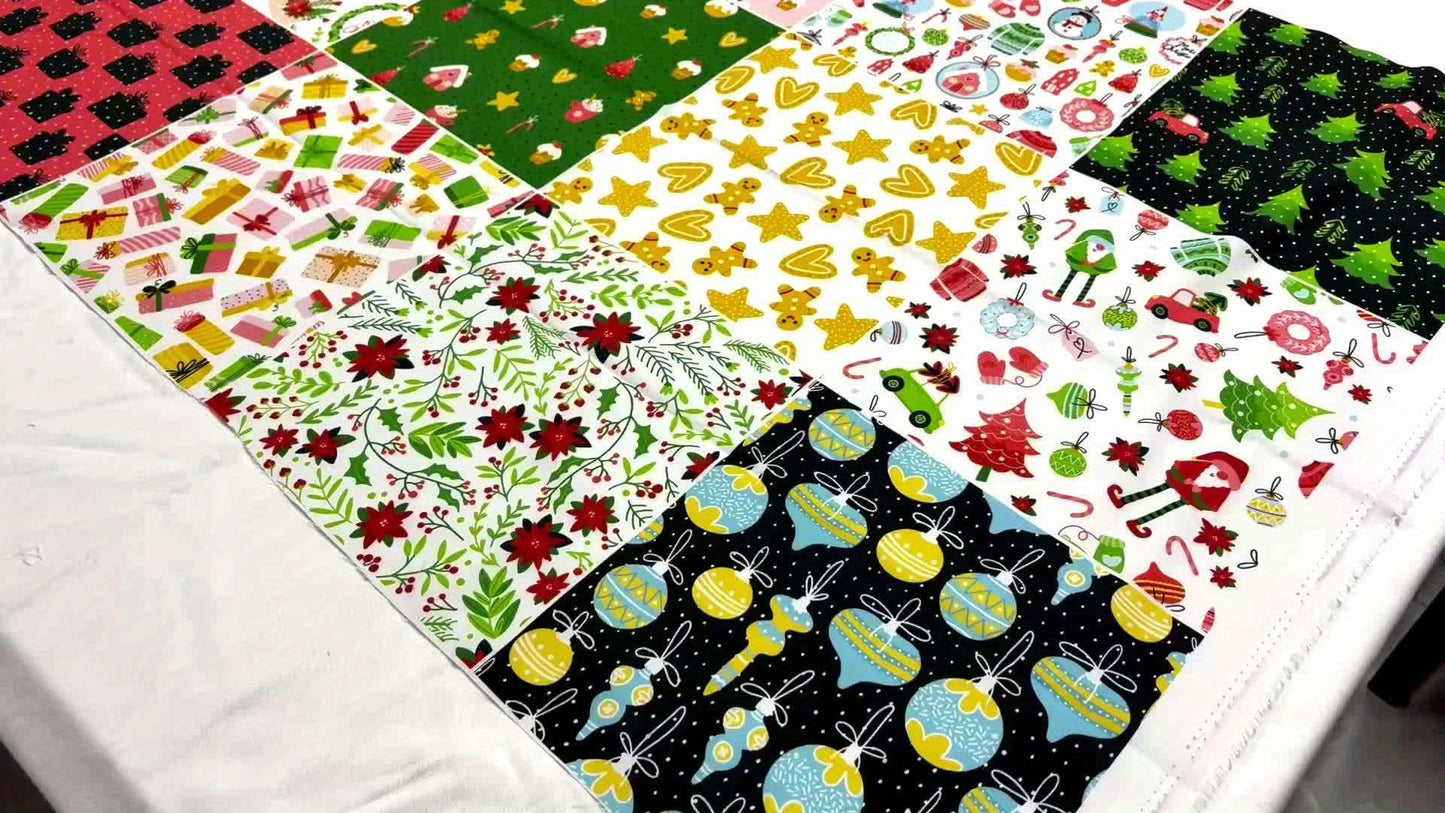 100% Cotton 18 Patterns 23x23cm (9x9in) Quilting Fabric Squares, Merry And Joyful Christmas Motifs Cotton Craft Cloth Blocks, Quilting Supplies For DIY Sewing, Holiday Home Textiles Handmade Fabric