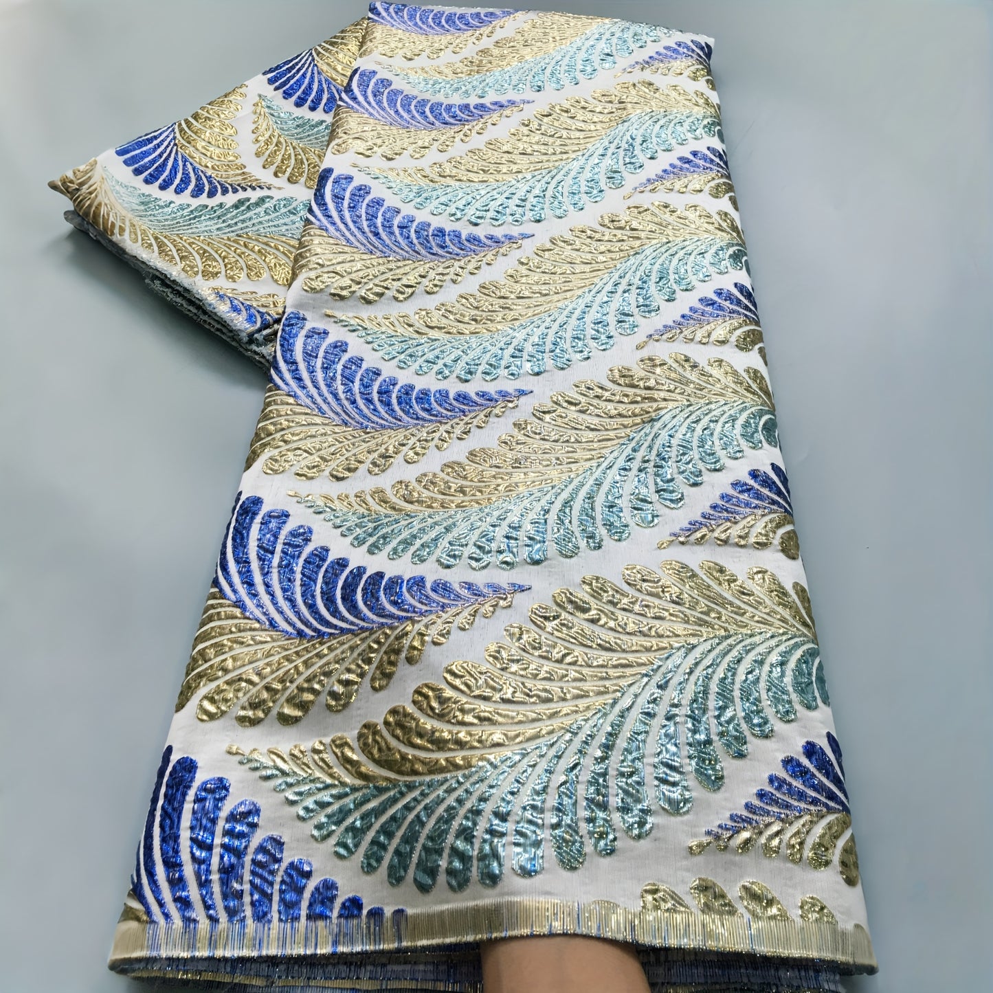 African Nigerian Gild Brocade Lace Fabric - 5 Yards Wide (51-52") Luxury Hand- Fabric with Blue/White/Golden/Black/Teal/Beige/Gray/White Patterns - Pre-Cut for Wedding, Party, Daily African Clothing - Hand Wash Only, Width Av