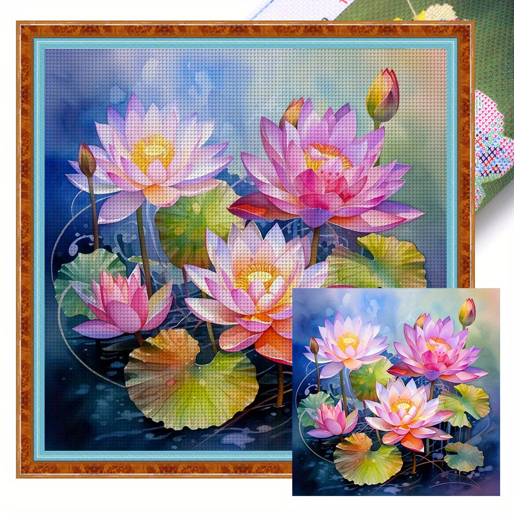 for Lotus Printed Cross Stitch Kit 17.72x17.72inch 14CT Thread Art Needlework Home Decor, Small Cross Stitch Kits, Creative Hobby, Handmade Gift, Floral Design, Artistic Needlework, Detailed Stitching, Highquality Thread, Nee