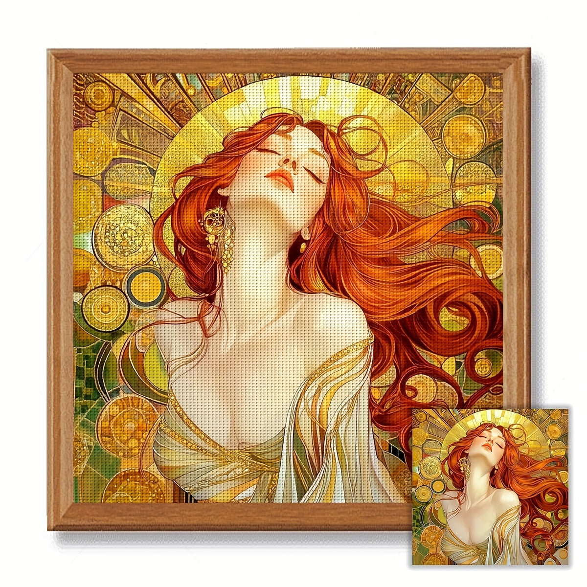 JOZYSH 1pc 15.75x15.75inch DIY Cross Stitch Kit - Vibrant Red-Haired Woman with Golden Earrings, Intricate Patterns, Perfect for Living Room or Bedroom Decor, All-Season Home Art Gift, Seasonal Home Decor|Vibrant Artwork|Deta