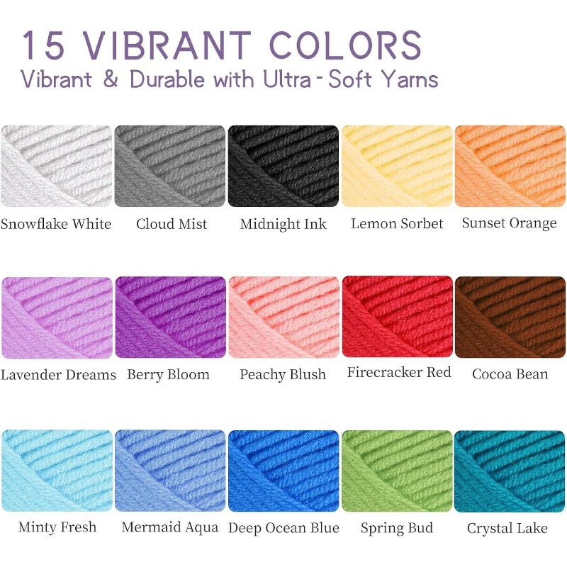 Beginner Crochet Kit u2013pcs Starter Set with 15 Colorful Yarns, Ergonomic Hooks, Complete Supplies, White Tote Bag, Accessories Case, Guide Book Online Video Lessons