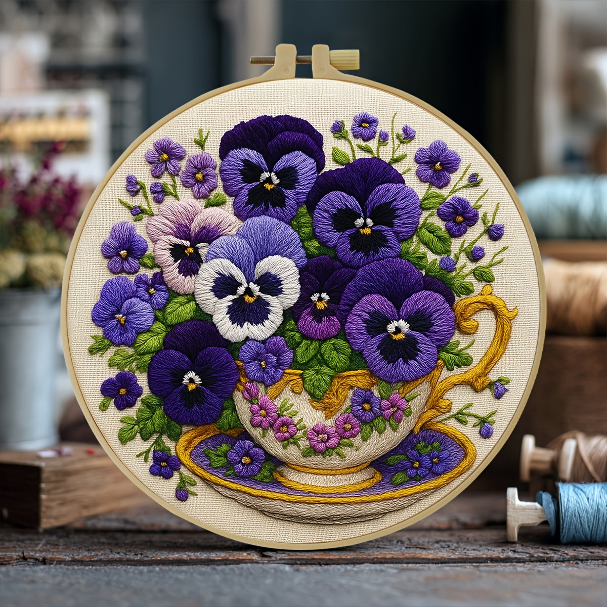 1pc ZUOANLF Floral Embroidery Kit - Vibrant Pansy Design with Purple, White & Green Flowers, Golden Accents, Includes Embroidery Hoop, Threads, and Instructions - Ideal for Beginners, Perfect for Home Decor or Gift, 7.9x7.9 I