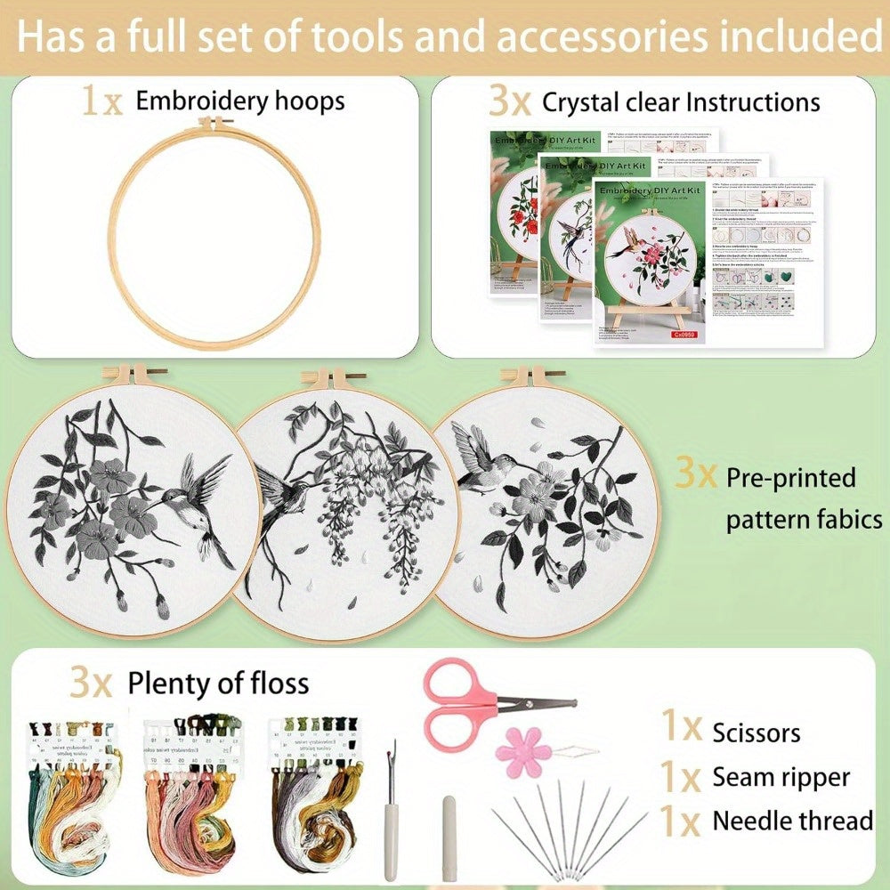 3 Hummingbird Embroidery Kits, Needle Felting Kits (for Adults) Cross Stitch Kits with Clear Instructions, Easy and Fun Printed Bird and Flower Patterns Fabric Crafts, Gifts for Beginning Embroidery Lovers