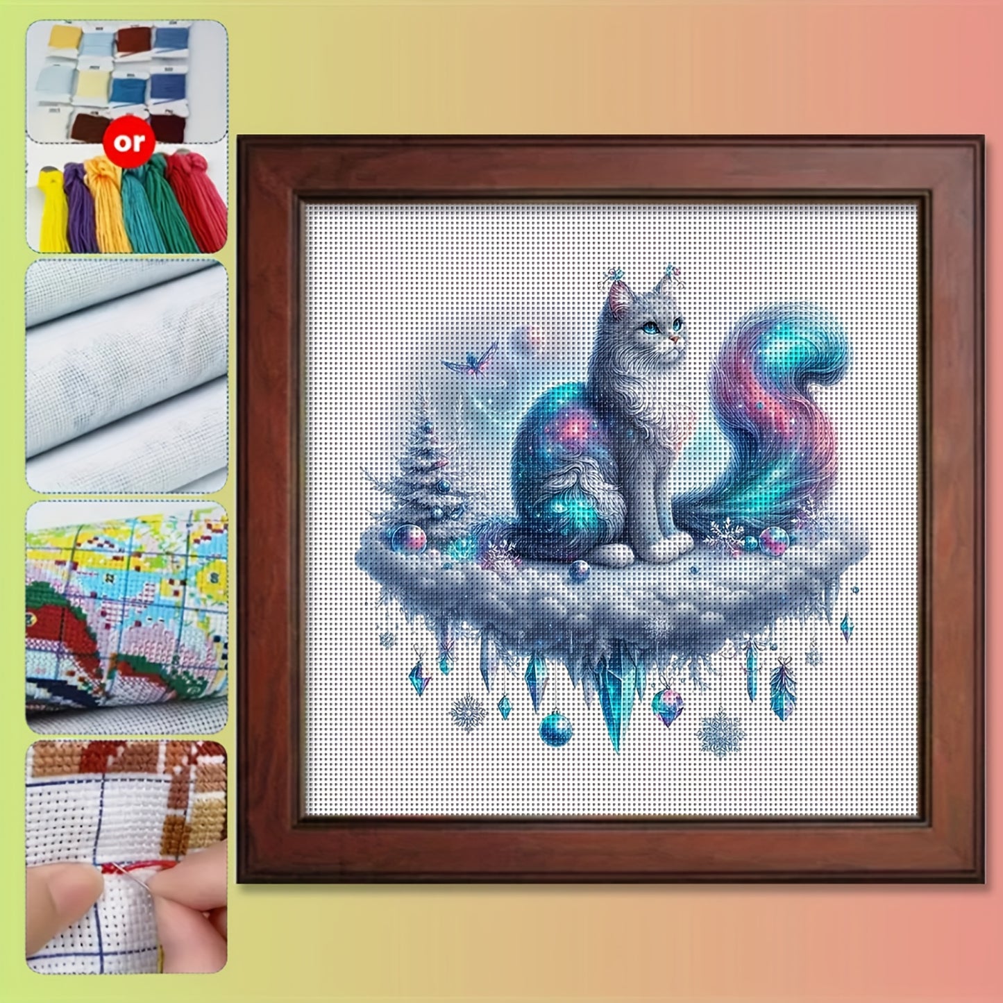 1 Set Complete DIY Cross-Stitch Painting Kit - White Turkish Van Cat with Turquoise Eyes & Pastel Colors (Pink/Blue/Purple/White/Gray/Black/Beige) - All-in-One Fabric with Numbered Threads & Color-Coded Chart - 11-Color Cross