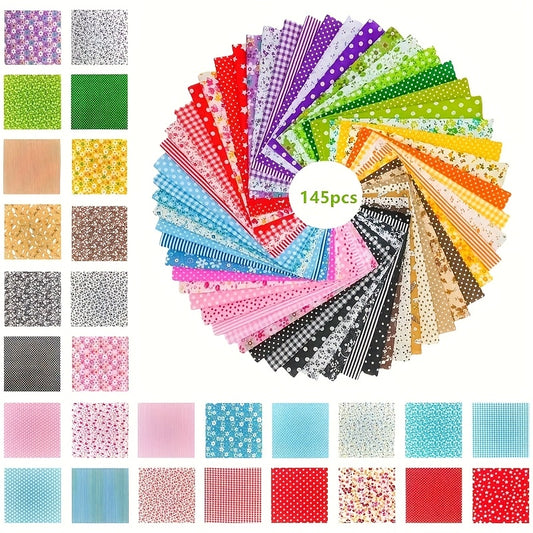 145pcs All- Pre-Cut Square Fabric Set - 9.96x9.96cm (3.9"x3.9") Thin & Lightweight, Vibrant Multicolor Floral Patterns with Polka Dots, Stripes & Gingham Check - Ideal for DIY Sewing, Quilting, Scrapbooking, Handmade Crafts -