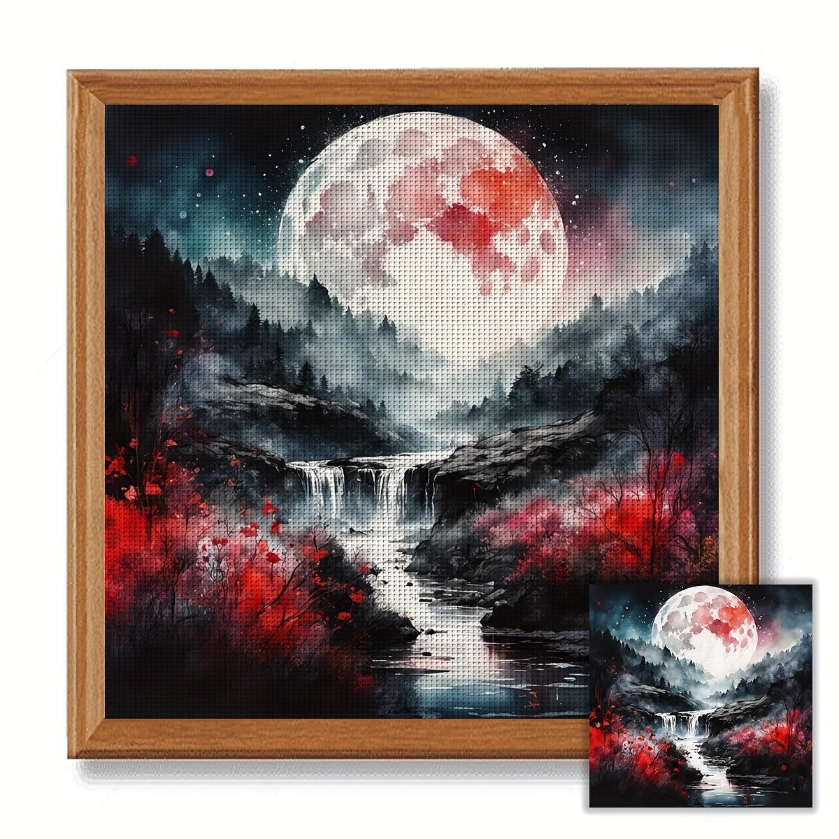 JOZYSH 11CT/14CT Cross Stitch Kit, Unframed 15.7x15.7in - Mystical Nighttime Landscape with Full Moon & Waterfall, Complete DIY Set for Beginners, Includes Pre-Printed Canvas, Needles, Thread, Chart & Instructions - Ideal Han