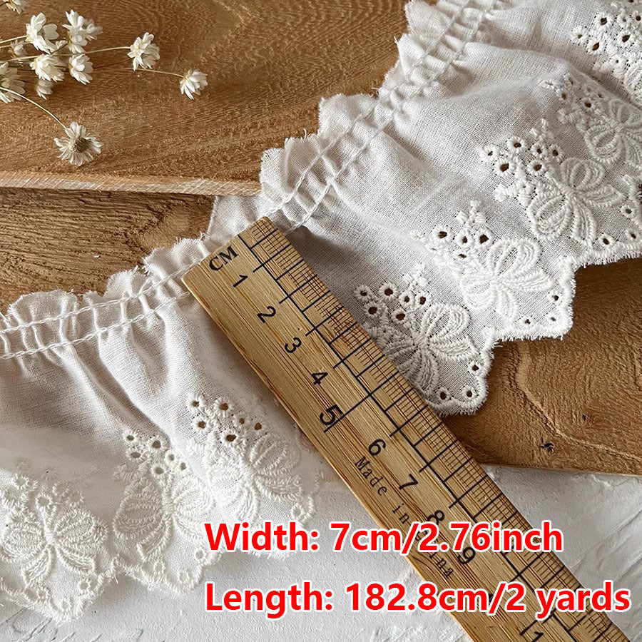 2 Yards Modern White & Ivory Lace Fabric - 7cm Wide Embroidered Guipure Lace Trim with Intricate Floral & Scroll Patterns, Frilled Edges for Wedding Decor, Bridal Collars, Bow Knots, Tassel Ribbon & Elegant Garment Making - D
