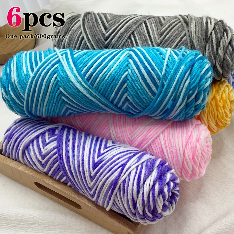 6pcs Multicolor Ombre Yarn Set | Soft Comfortable Self-Striping Acrylic Yarn for Knitting and Crochet, Ideal for Sweaters, Scarves, Hats, Gloves, Blankets, Handbags, Slippers - 600g Medium Weight
