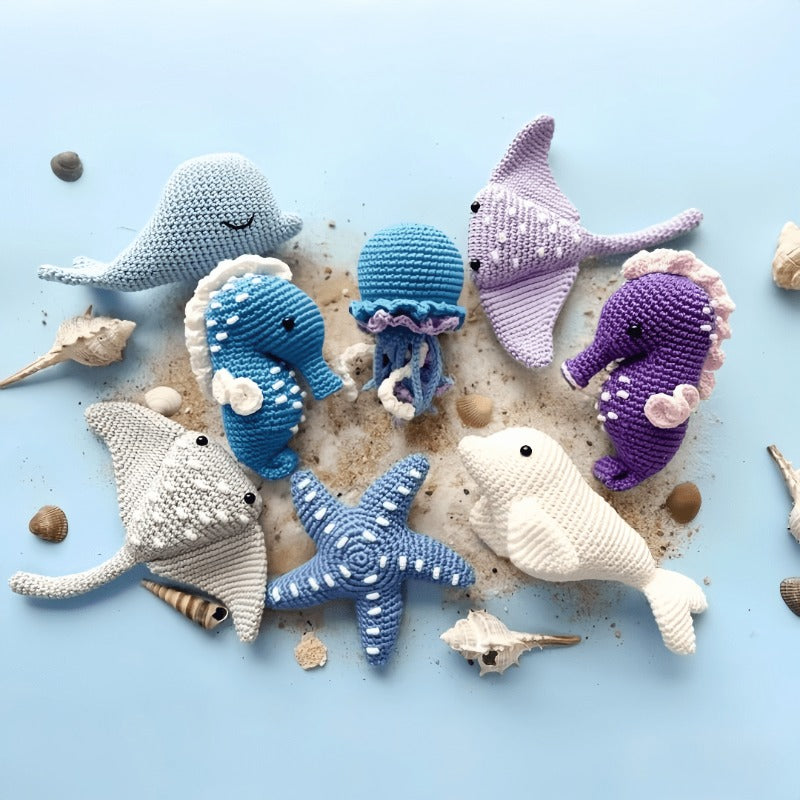 Handmade Crochet Yarn Marine Animal Kit - Cute Ocean-Themed Craft Set with Whales, Dolphins, Starfish & Coral Reef Design, All-Season Knitting & Crochet Supplies