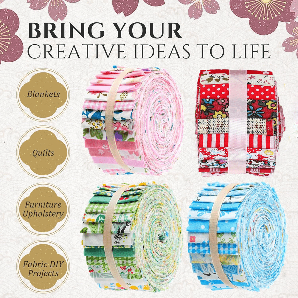 160 Pcs 4 Roll Fabric Strips Assorted Quilting Fabric for Quilting Crafting and Sewing Rolled Cotton for Crafts Blanket Rug Upholstery and Purse Making (Lively Style)