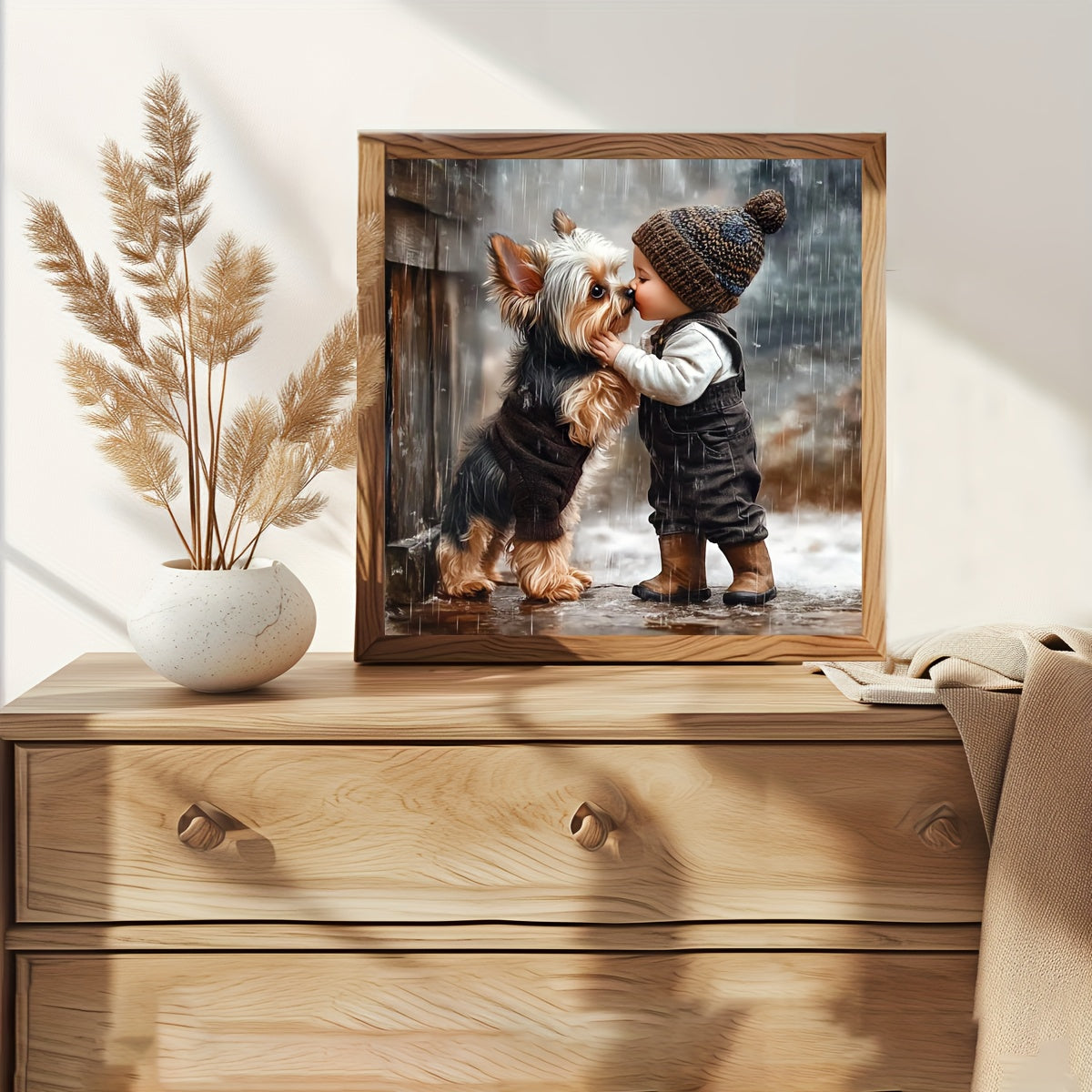 JOZYSH 1pc 11x11in Cross Stitch DIY Kit - Adorable Child and Dog Scene, All-Season Wall Decor with Frame, Includes Canvas, Needle, Thread, Pattern, and Instructions, Perfect for Bedroom or Living Room, Beginner-Friendly, Alls