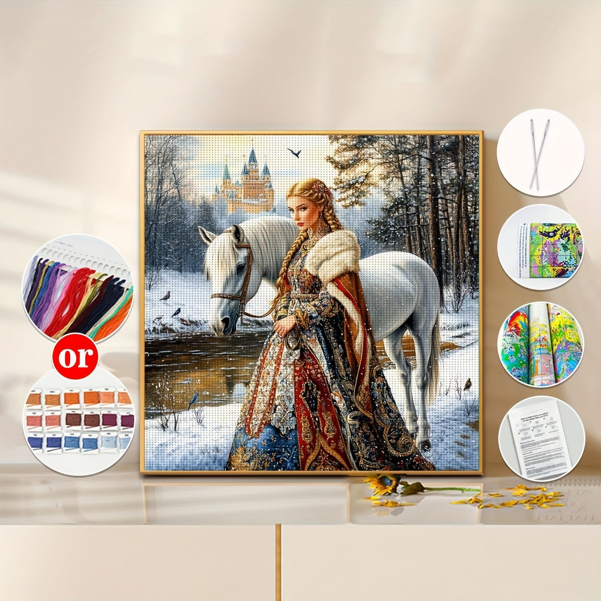 JOZYSH Princess and White Horse Cross Stitch Kit - 15.75x15.75inch DIY Fabric Pattern with Golden Castle and Snowy Landscape, Ideal for Living Room or Bedroom Decor, All-Season Home Art Gift, Seasonal Home Decor|Winter Scene