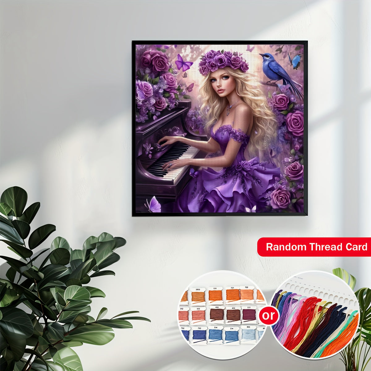 ZUOANLF 1set 50x50cm/19. 7x19. 7Inch DIY Cross Stitch Kit Frameless, The woman playing the piano, stamped cross stitch kits, Embroidery Set for Home Decor, Includes Patterned Fabric & Threads, Perfect for Living Room Entrance