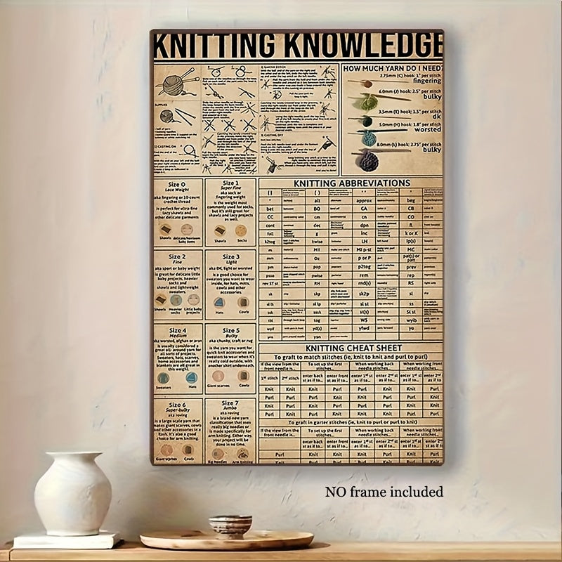 Vintage Knitting & Crocheting Handbook Poster - Frameless Canvas Stitch Guide with Needle Gauge Charts, Knitting/Stitch Dictionary for Beginners & Experts - DIY Craft Project Reference, Scandinavian Modern Wall Art for knitti