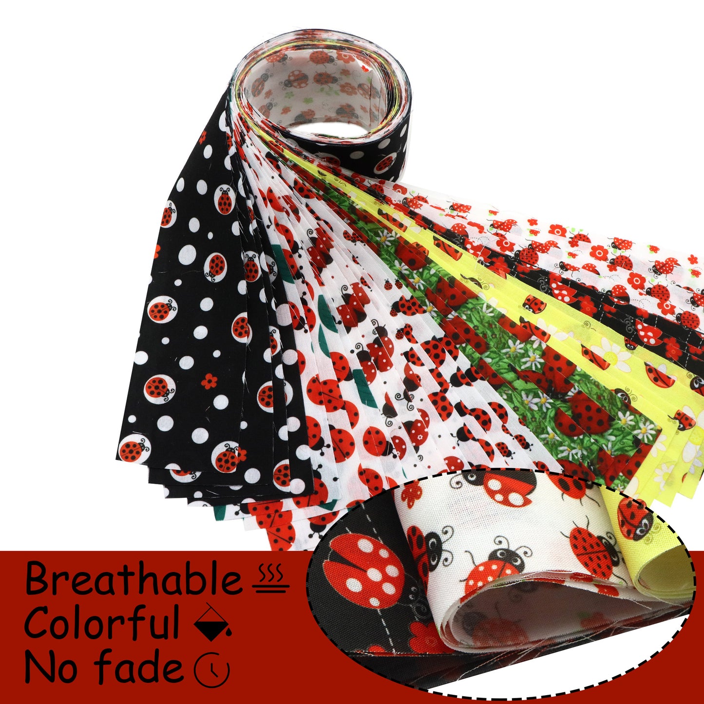 40pcs Ladybug Quilting Fabric Strips - Red & Black Ladybugs with Green Floral, Pre-Cut Long Patchwork strips for DIY Crafts, Scrapbooking, Doll Clothes, Table Runners - Ideal for Beginners & Experts