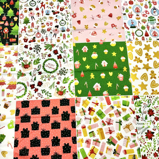 100% Cotton 18 Patterns 23x23cm (9x9in) Quilting Fabric Squares, Merry And Joyful Christmas Motifs Cotton Craft Cloth Blocks, Quilting Supplies For DIY Sewing, Holiday Home Textiles Handmade Fabric