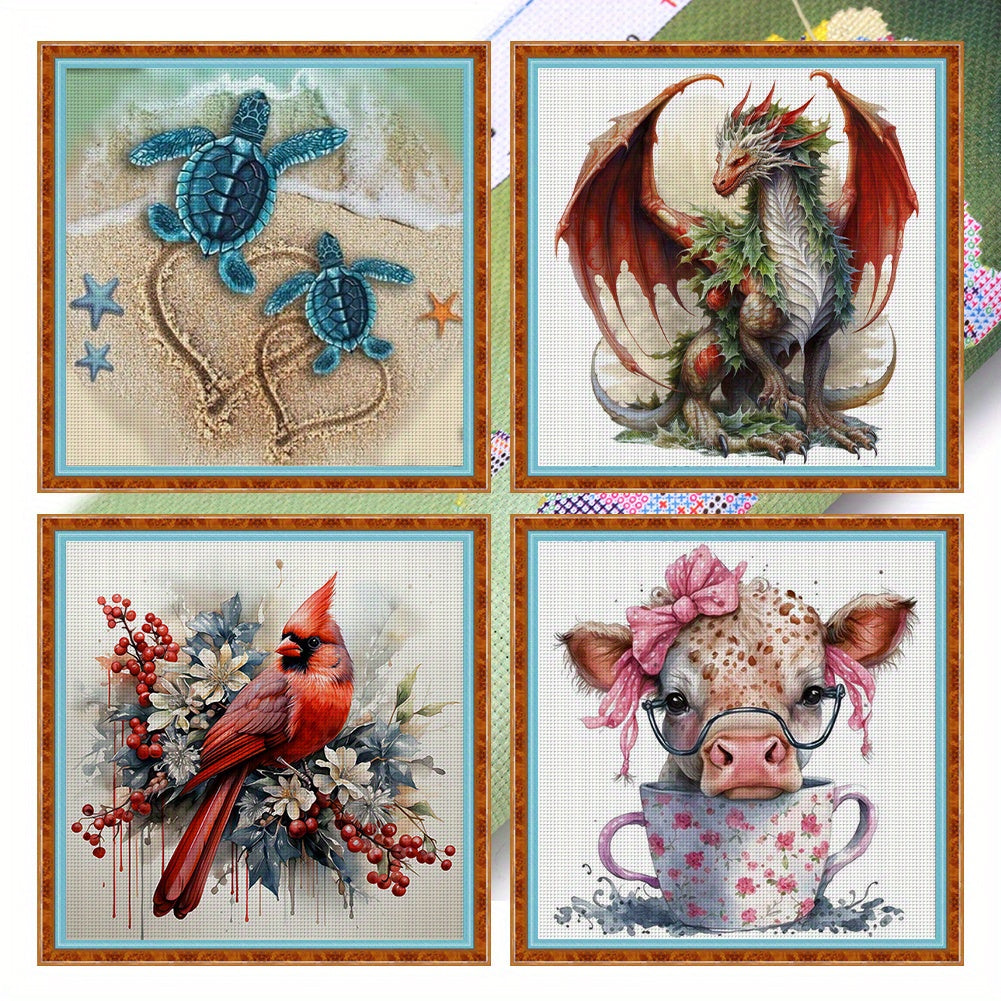 4pcs Animal Printed Cross Stitch Kit 15.75x15.75inch DIY 11CT Thread Art Needlework - Vibrant Turtle, Dragon, Bird & Pig Designs, Detailed Stitching Instructions, All-Season Craft Project, Canvas Material, Perfect for Home De