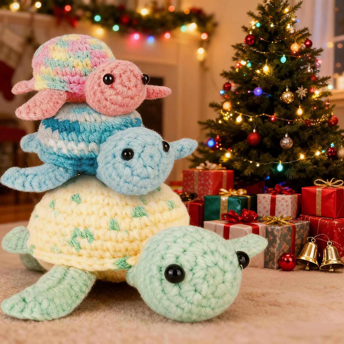 3pcs Crochet Sea Turtle Kit - Beginner-Friendly Yarn Set with 3 Colors (Yellow, Blue, Pink), Soft Fabric, Easy-to-Follow Instructions