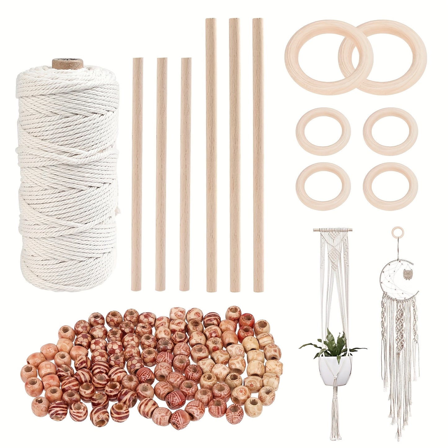 111 Set Of for Adults Beginner Macrame Plant Hanger Kit 5pcs Macrame Yarn 3mm X 1968.5inch with 100 Wooden Beads, 6 Metal Rings, Macrame Set Beginners for DIY Craft Starter Set for Adults And Beginners, Creative Hobby Kit, Ha