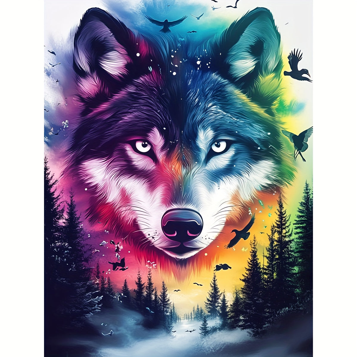 1pc Wolf Cross Stitch DIY Kit - 30x40cm/11.8x15.7" | Vibrant Forest & Moonlit Sky Design | Easy-to-Follow Pattern for Beginners | Includes Canvas, Needles, Threads, and Instructions | Perfect for Home & Office Decor | Ideal G