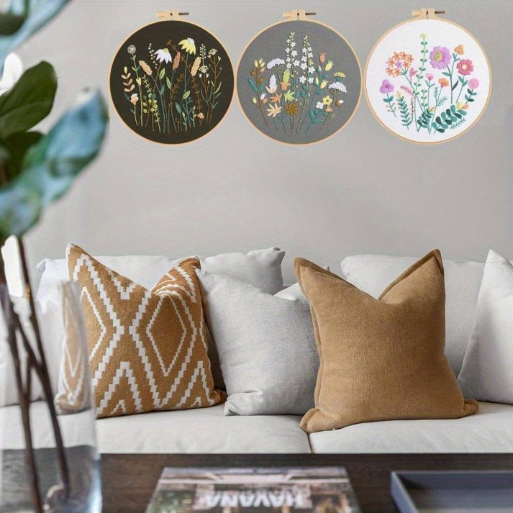 3 Pack Embroidery Starter Kit | Stamped Cross Stitch Kits with Cute Flowers and Plants Patterns, Embroidery Hoop, and Color Threads for Beginners and Adults, Suitable for All Seasons.
