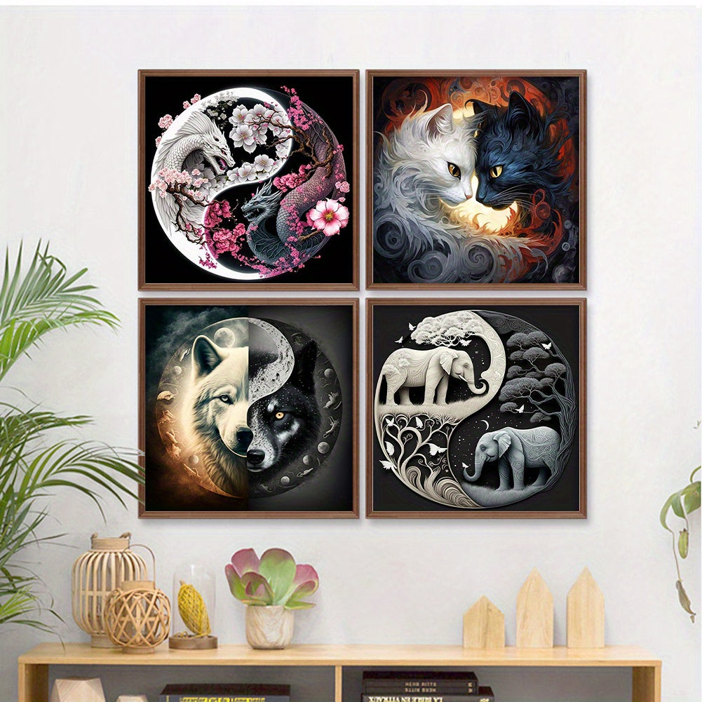 4pcs 11CT Stamped Cross Stitch Kit Yin-Yang Diagram DIY Full Embroidery Thread Needlepoint Craft with Printed Canvas, Fantasy Nature Scenery Wall Art for Home Office Decoration, Perfect Gift for Christmas, Anniversary, Housew