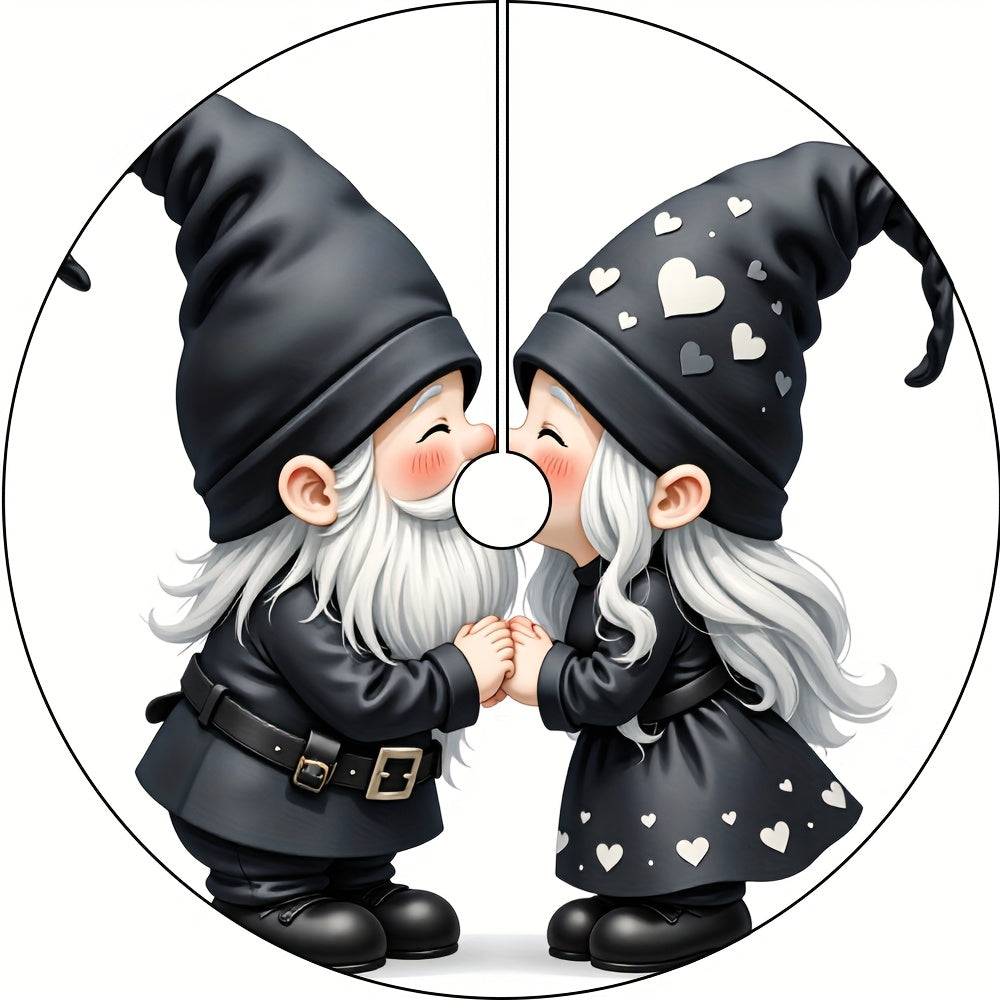 Cute Gnome Couple Christmas Tree Skirt with Matching Gnomes - Soft Black & White Heart-Patterned Outfit for Xmas Tree Base, Holiday Party Decorations, / Use (Compatible with Standard Trees) - Festive Dwarf Duo, Cross Stitch K