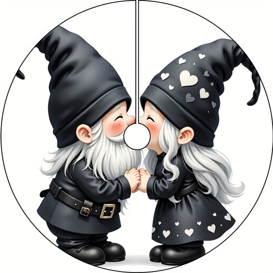 Cute Gnome Couple Christmas Tree Skirt with Matching Gnomes - Soft Black & White Heart-Patterned Outfit for Xmas Tree Base, Holiday Party Decorations, / Use (Compatible with Standard Trees) - Festive Dwarf Duo, Cross Stitch K