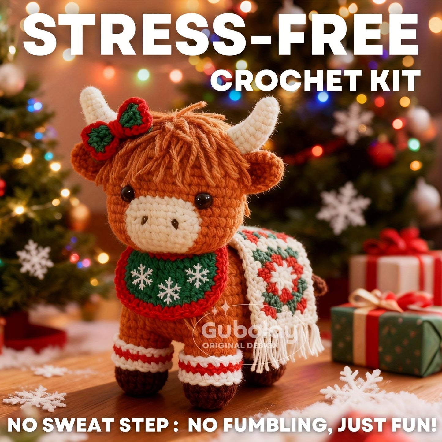 Christmas Highland Cow Crochet Starter Kit for Beginners - Step-by-Step Video Tutorial, Includes Pattern Guide, Soft Yarn & Hook with Accessories, Cute Amigurumi Animal Doll Design, Perfect Holiday Gift for Knitting Enthusias