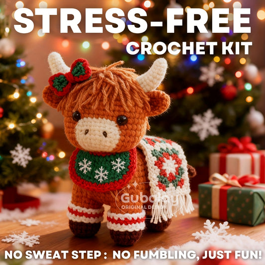 Christmas Highland Cow Crochet Starter Kit for Beginners - Step-by-Step Video Tutorial, Includes Pattern Guide, Soft Yarn & Hook with Accessories, Cute Amigurumi Animal Doll Design, Perfect Holiday Gift for Knitting Enthusias