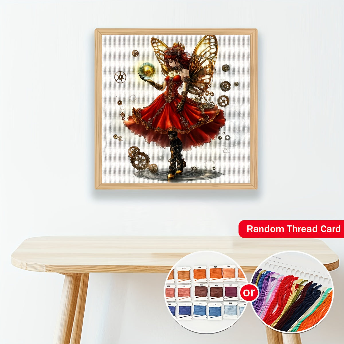 JOZYSH 1pc 15.75x15.75inch DIY Cross Stitch Kit - Steampunk Fairy with Golden Wings & Mechanical Gears, Vibrant Red Dress, Perfect for Home Decor, Bedroom Art, or Gift, All-Season Themed Fabric, Bedroom Art Piece | Vibrant Cr